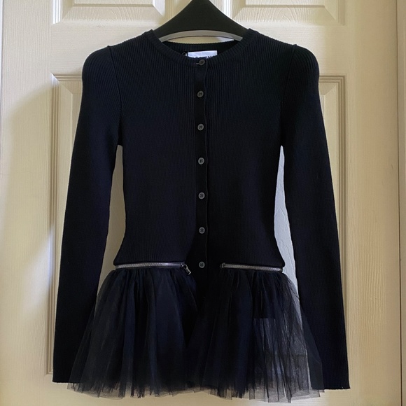 Moschino Couture Black Cardigan Sweater Jacket with Detachable Mesh Ruffled Hem - Picture 15 of 16